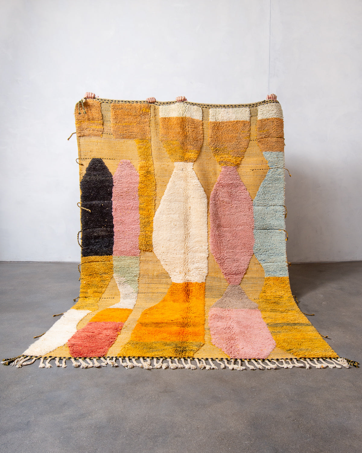 Modern, designer, handcrafted Berber rug from Morocco. Beniourain carpet with beautiful colours and patterns and fluffy wool texture.